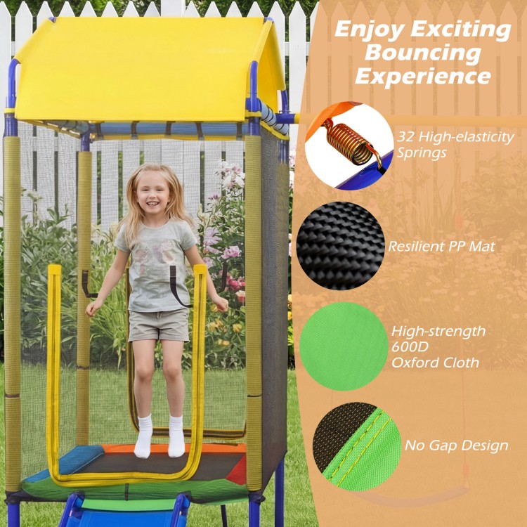 5-in-1 kids swing set with trampoline, slide, and ladder in yellow, featuring a sturdy design for safe outdoor fun.