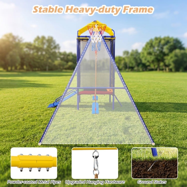 5-in-1 kids swing set with heavy-duty metal frame, featuring a trampoline, slide, and secure A-frame design for.