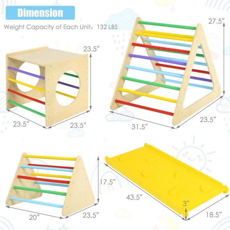 Kids triangle climber play gym set with two ramps, featuring sturdy wood construction and multifunctional design for.