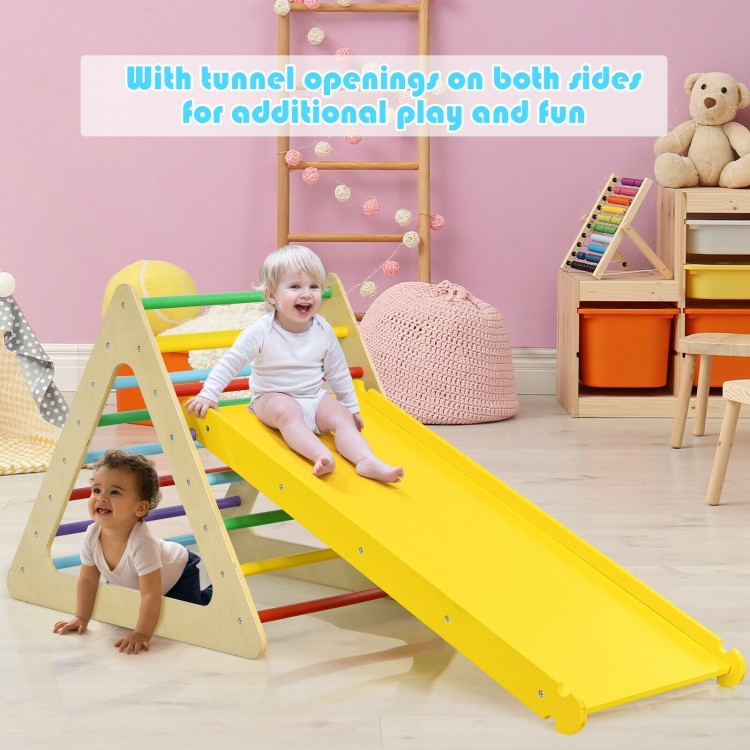 Kids triangle climber play gym set with dual-side slide and tunnel openings for fun and motor skill development.