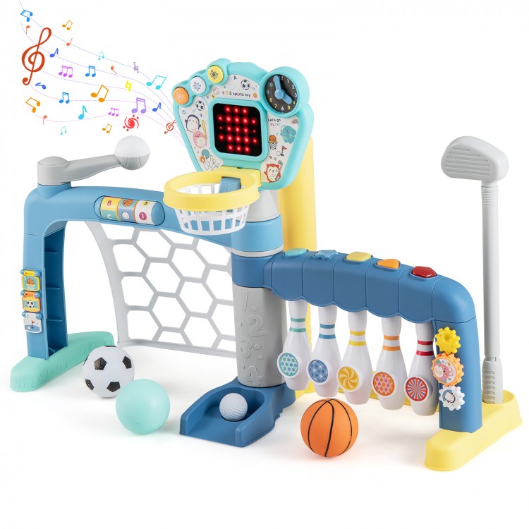 5-in-1 toddler sports toy featuring adjustable basketball hoop, soccer, golf, and bowling for fun and skill development.