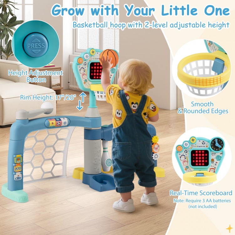 Adjustable basketball hoop for toddlers, featuring a height adjustment button and real-time scoreboard for interactive.