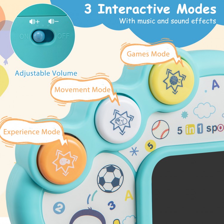 Interactive buttons on the 5 in 1 toddler sports toy featuring adjustable volume and three engaging modes for fun play.