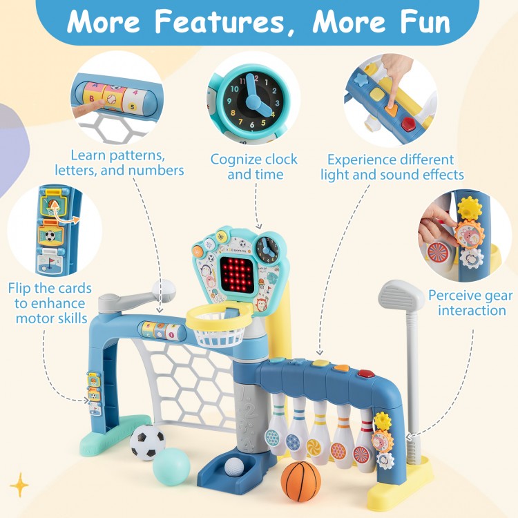 5 in 1 toddler sports toy featuring adjustable basketball hoop, lights, sounds, and educational functions for motor.