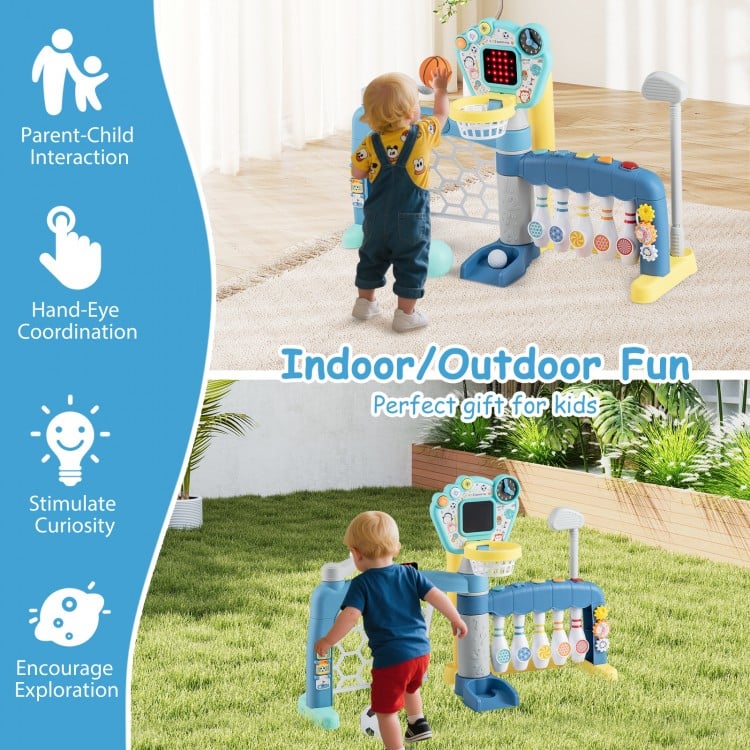 5 in 1 toddler sports toy featuring an adjustable basketball hoop, promoting coordination and motor skills for kids.