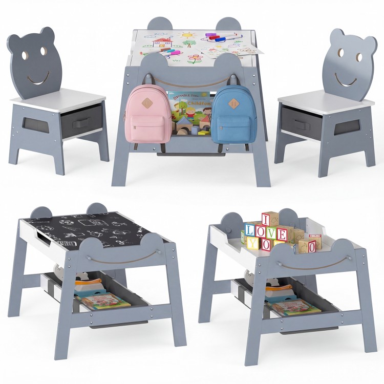 5-in-1 toddler table with reversible chalkboard and whiteboard, includes 2 chairs for creative play and organization.