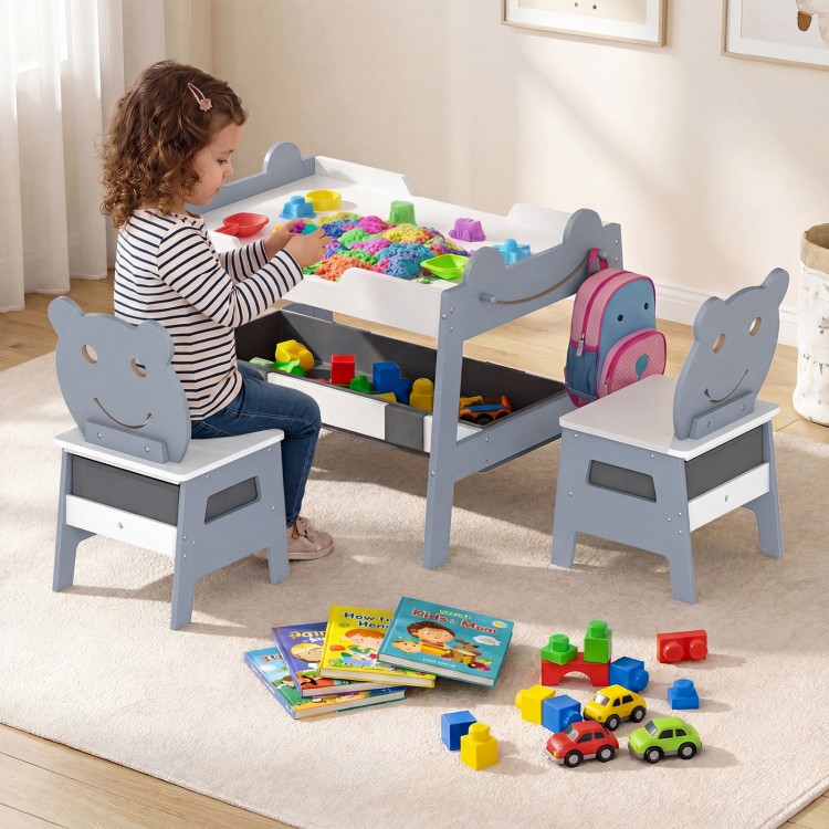 Cute 5-in-1 toddler table with reversible chalkboard and whiteboard, paired with two bear-shaped chairs for creative.