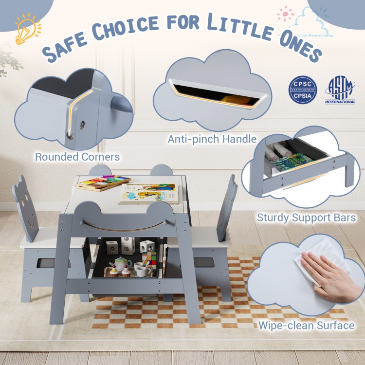5-in-1 toddler table with reversible chalkboard and whiteboard, featuring rounded corners and sturdy support for safe.