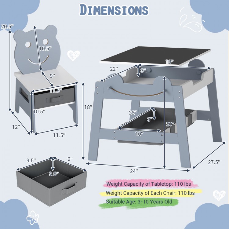 5-in-1 toddler table and 2 chairs set with reversible chalkboard, storage, and bear-shaped design for ages 3-10.