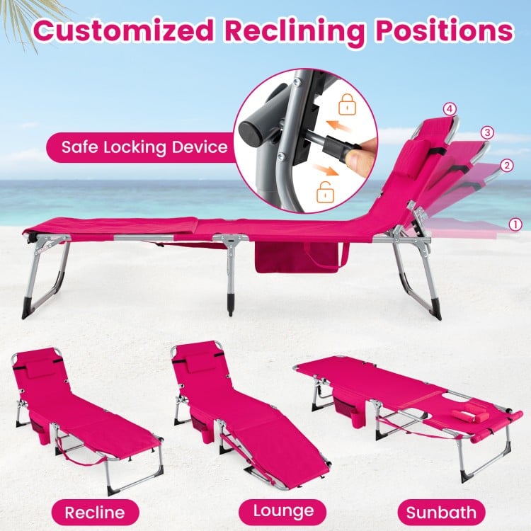 5-position pink outdoor folding chaise lounge chair with adjustable footrest and removable pillow for comfortable.