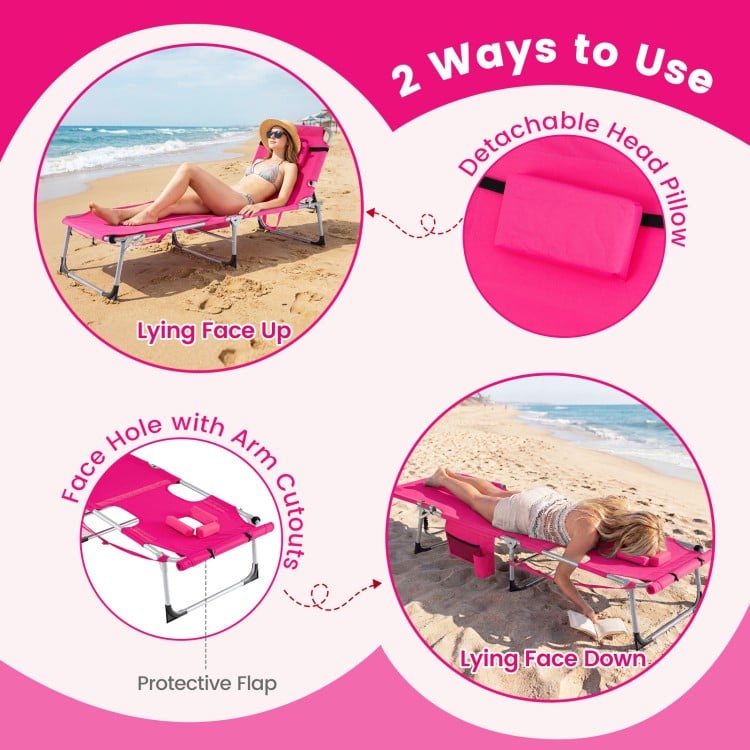 5-position pink outdoor folding chaise lounge chair with detachable head pillow, perfect for beach relaxation.