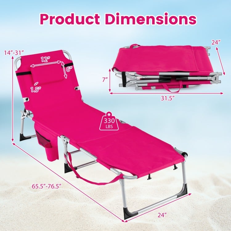 Dimensions of the pink 5-position outdoor folding chaise lounge chair, featuring adjustable backrest and footrest.