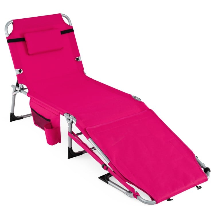 Pink 5-position outdoor folding chaise lounge chair with adjustable footrest and removable pillow for comfortable.