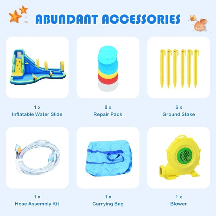 Multifunctional inflatable water bounce with accessories including blower, stakes, and repair pack for kids' fun.