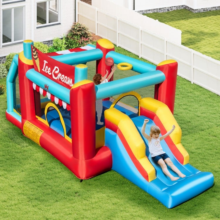Colorful 5-in-1 Ice Cream inflatable bounce house with slide, ball pit, and basketball hoop for outdoor fun.