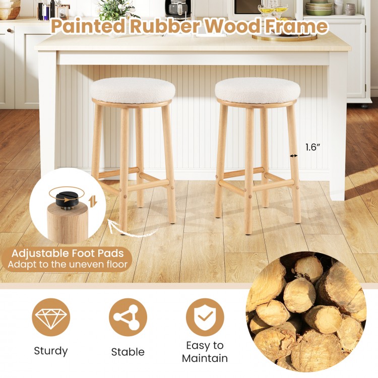 Set of 2 upholstered 27" bar stools with boucle fabric seats and painted rubber wood frame, ideal for kitchen islands.