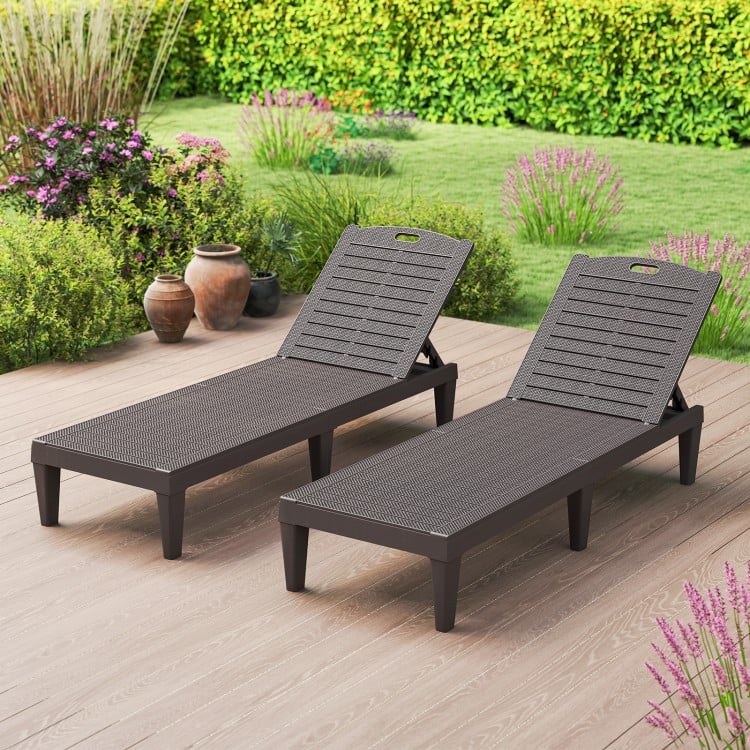 Set of 2 coffee outdoor PP chaise lounge chairs with adjustable backrests, perfect for sunbathing in the garden.