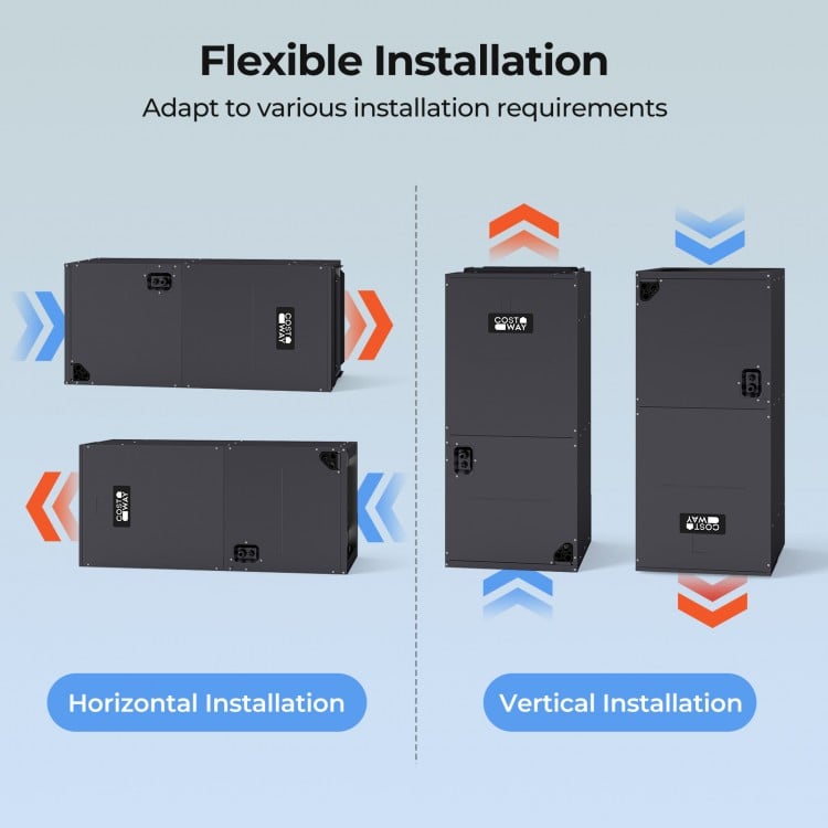 5 Ton 17 SEER2 heat pump system shown in horizontal and vertical installation options for flexible setup.