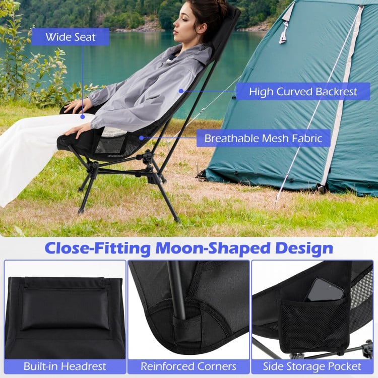 High back portable camping chair in black with breathable mesh fabric, built-in pillow, and side storage pocket for.