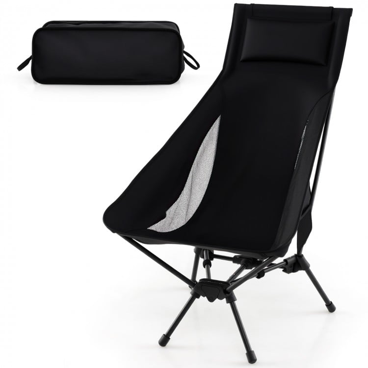 High back portable camping chair in black with compact carry bag and built-in pillow, ideal for outdoor activities.