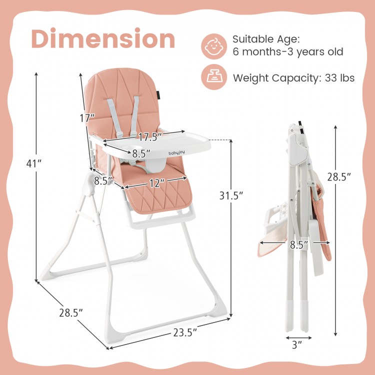 Compact highchair in pink with adjustable tray, removable cushion, and foldable design for easy storage and transport.