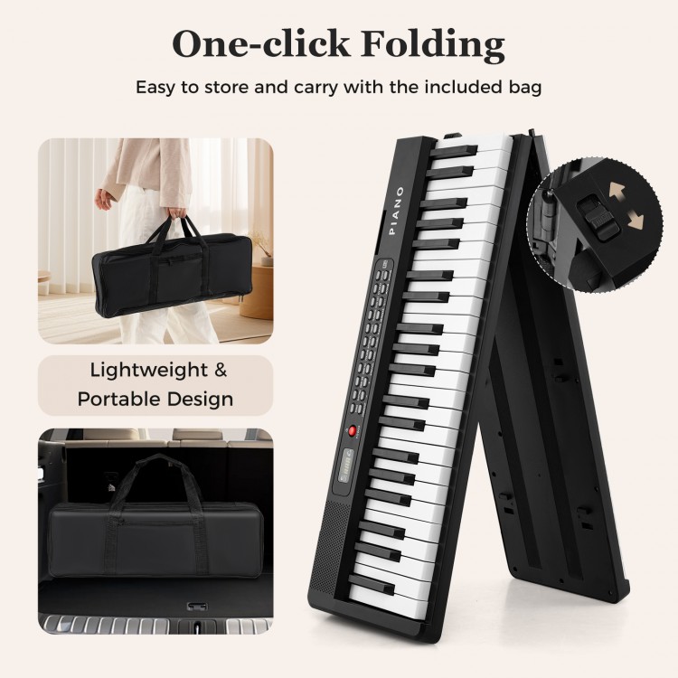 Foldable 88 key electric piano in black with lightweight design, carry bag, and one-click folding for easy storage.