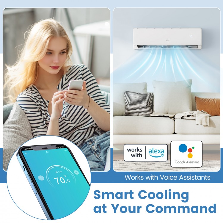 Energy-efficient 23000 BTU mini split AC/heater with smart cooling, ideal for rooms up to 1500 sq ft.