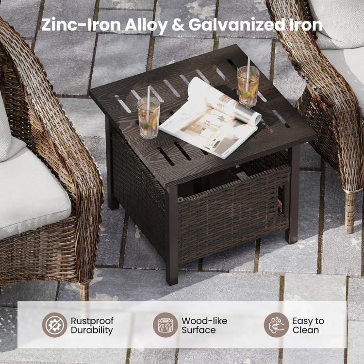 Brown outdoor side table with 1.93" umbrella hole, made of rustproof zinc-iron alloy and PE wicker, ideal for patio use.