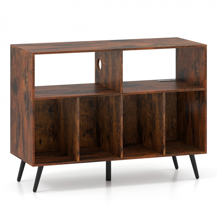 Rustic brown record player stand with open shelves, 4 compartments, and charging station for stylish vinyl storage.