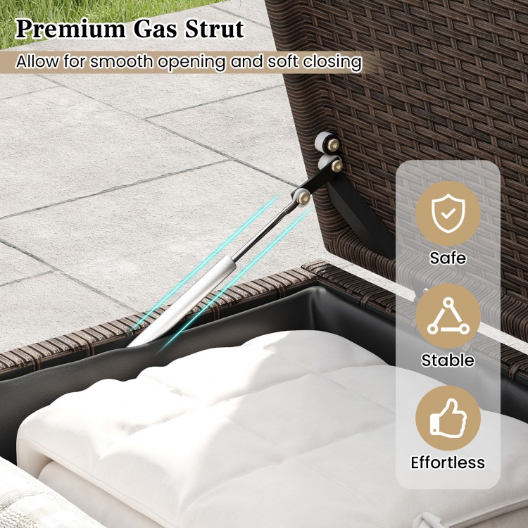 PE rattan storage bin with waterproof liner and premium gas strut for smooth opening, ideal for patio cushion storage.