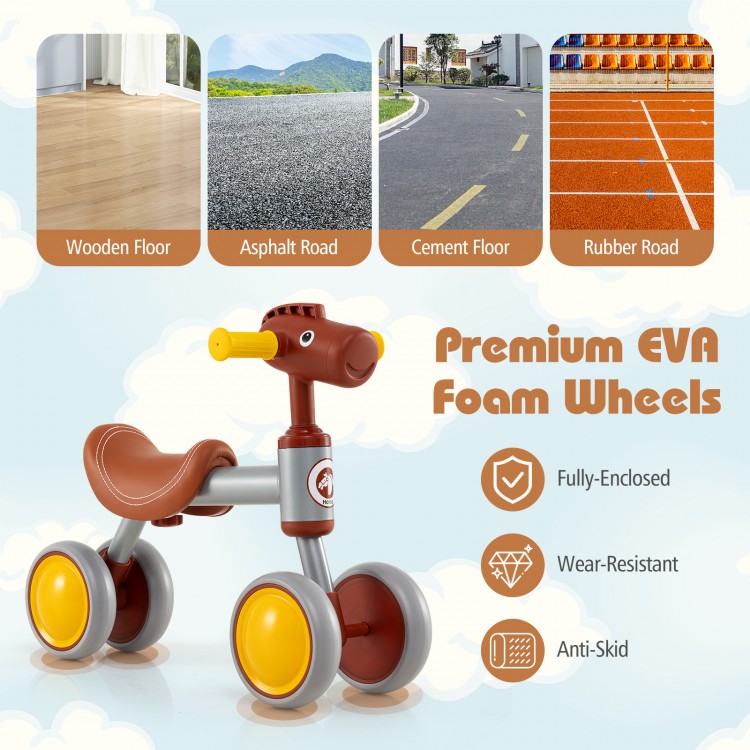 Baby balance bike with premium EVA foam wheels, sturdy carbon steel frame, and cute horse head design for kids aged.