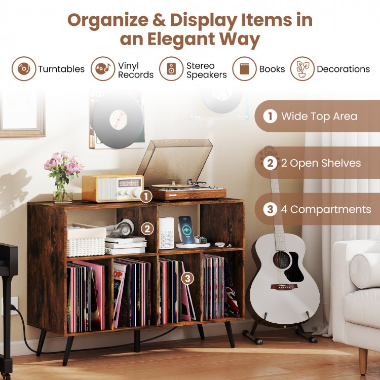 Record player stand in rustic brown with open shelves, ample storage for vinyl records, and charging station features.