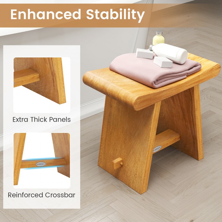 Teak shower bench with curved seat, featuring extra thick panels and reinforced crossbar for enhanced stability.