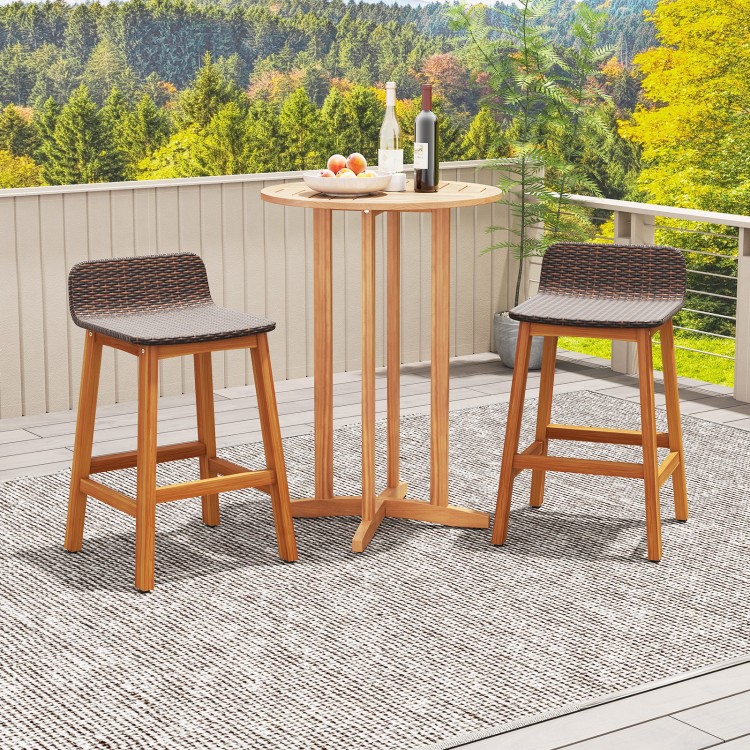 Set of 2 brown acacia wood bar stools with backrests and footrests, perfect for porch or balcony use.