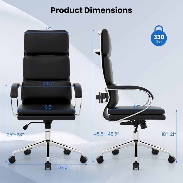 Ergonomic black leather office chair dimensions showing adjustable height and rocking function, supporting up to 330.