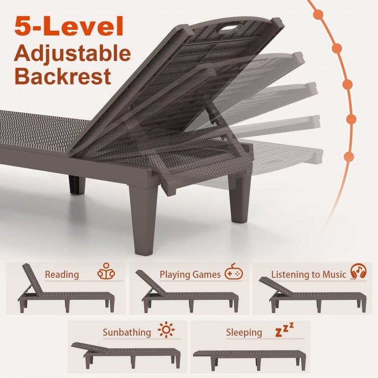 Adjustable backrest of outdoor PP chaise lounge chair set in coffee color, ideal for sunbathing, reading, or napping.