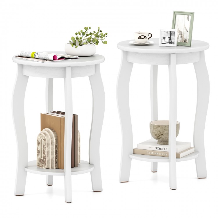 Set of 2 white 15-inch round end tables with 2-tier storage shelves, ideal for living room or bedroom use.