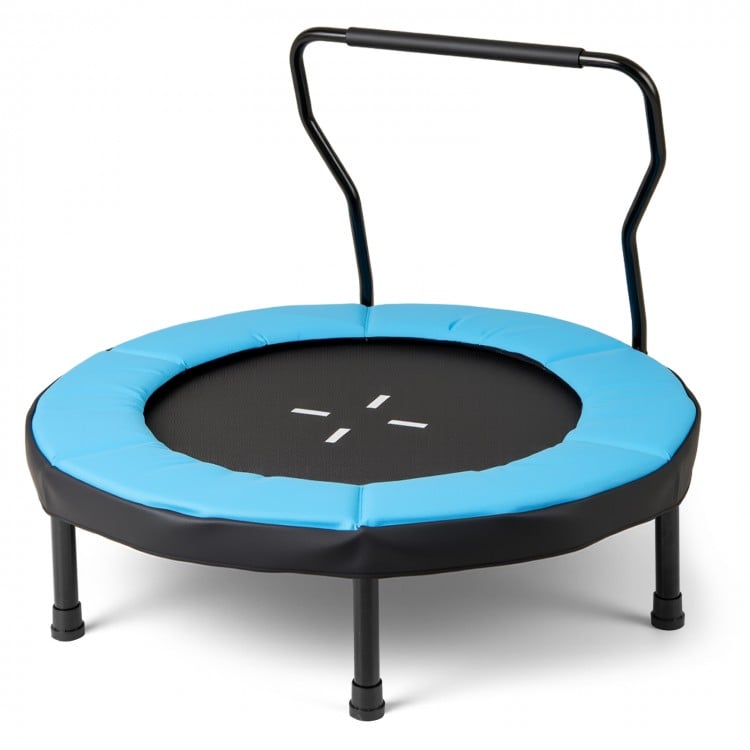 40-inch blue trampoline with padded edge and foam handle, designed for kids' indoor and outdoor fitness fun.