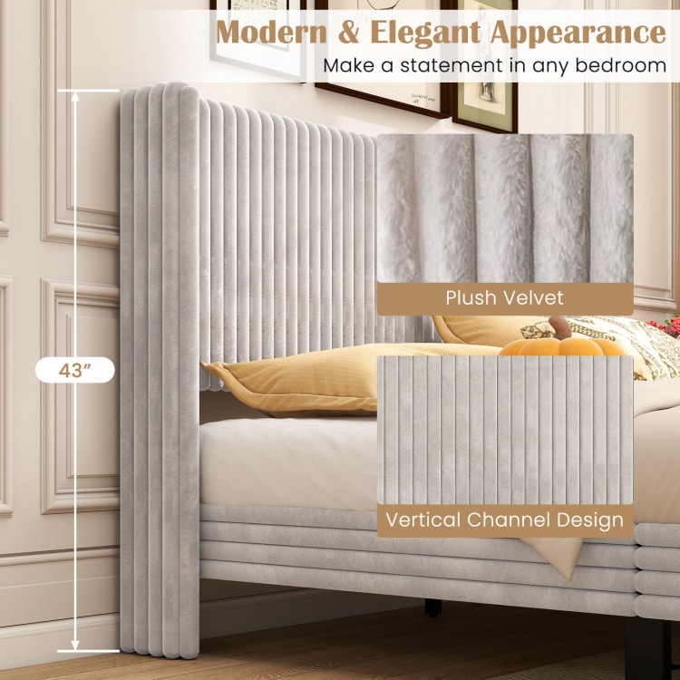 Queen size velvet bed frame with vertical channel tufted wingback headboard in white, showcasing modern elegance and.