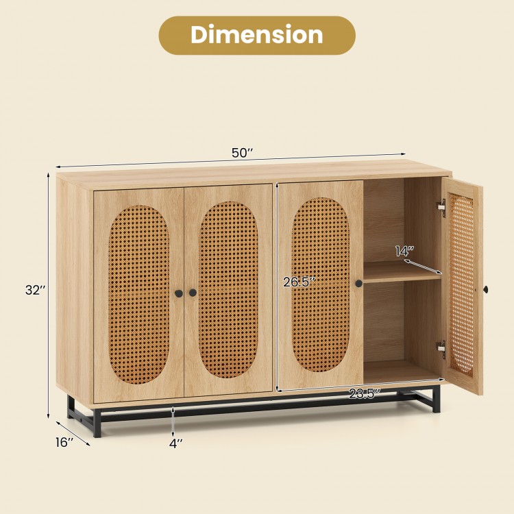 50-inch buffet sideboard cabinet with 4 rattan doors, adjustable shelves, and a natural wood finish for versatile.