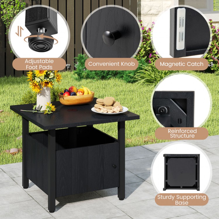Black outdoor side table featuring a 1.89" umbrella hole, adjustable foot pads, and reinforced structure for stability.