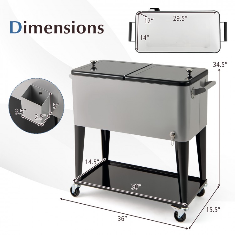 Portable gray patio cooler dimensions with a removable lid, bottom storage shelf, and drainage plug for easy use.