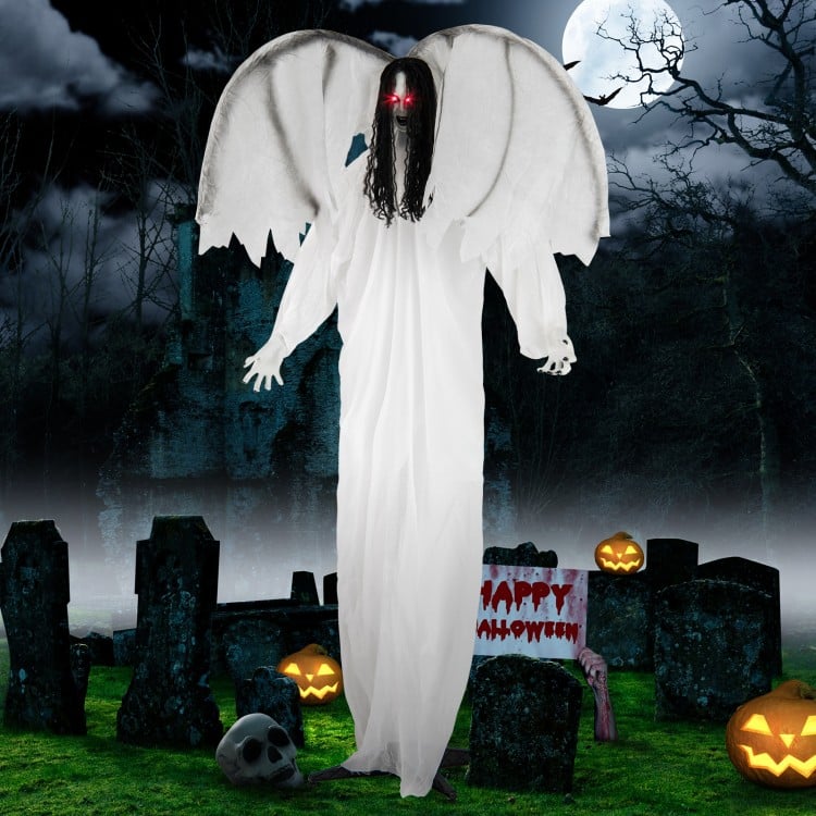 6.6 feet Halloween animatronic angel with light-up red eyes, flapping wings, and poseable arms for spooky decorations.
