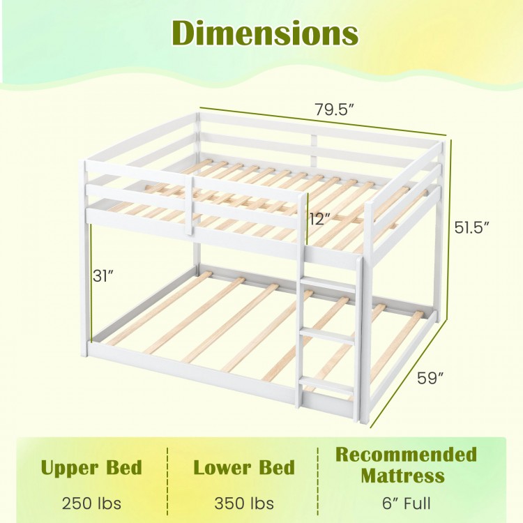 Dimensions of the Full Over Full Low-to-ground Bunk Bed in white, showcasing upper and lower bed measurements for.