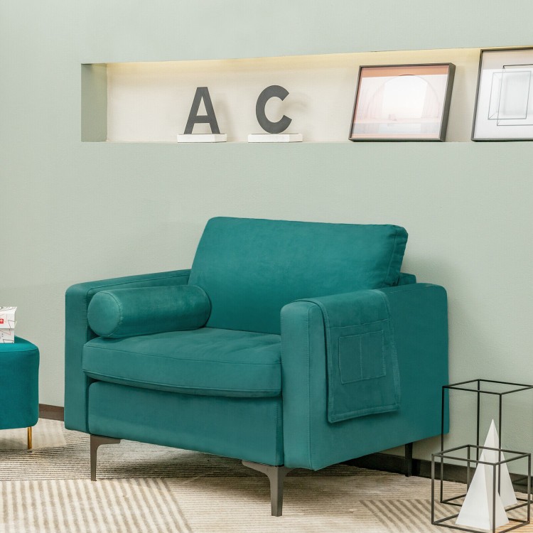 Modern accent chair in teal suede fabric with removable back cushion, perfect for living room or office relaxation.