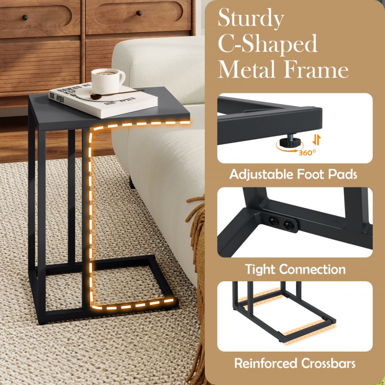 C-shaped side table in dark gray with adjustable foot pads, perfect for snacks and drinks in living room or bedroom.