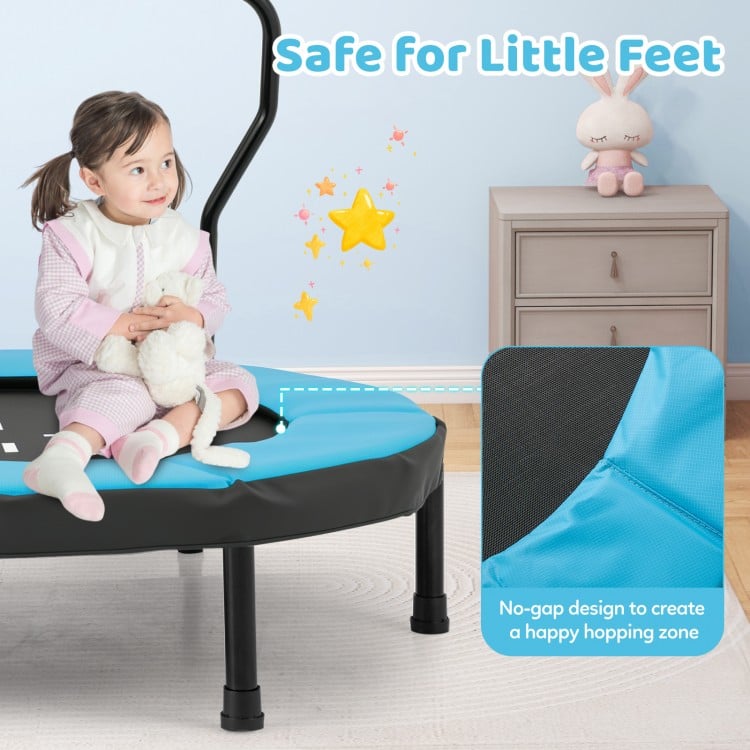 40-inch blue trampoline for kids featuring a no-gap edge design and padded protective edge for safe indoor and outdoor.