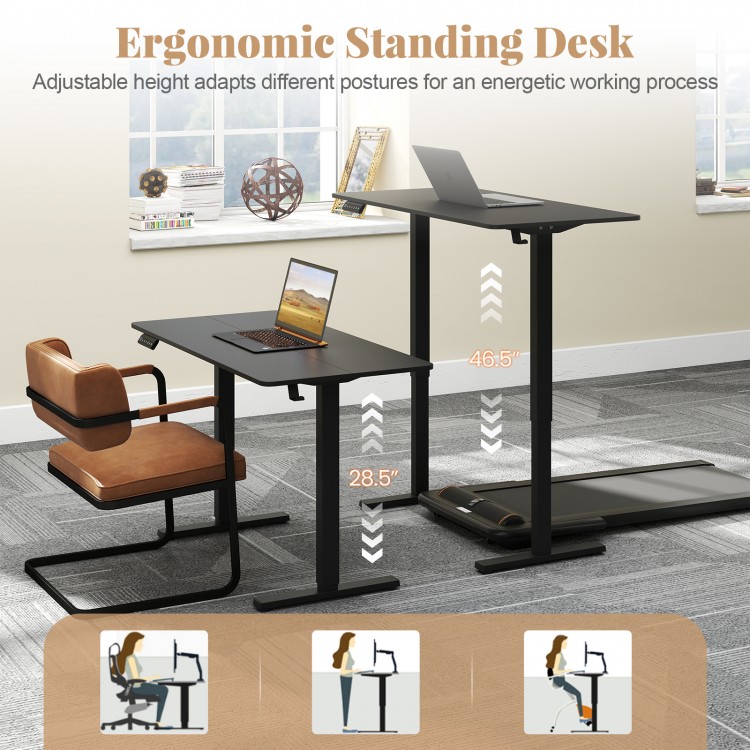 Ergonomic electric standing desk with adjustable height from 28.5" to 46.5", featuring a 48" x 24" black work surface.