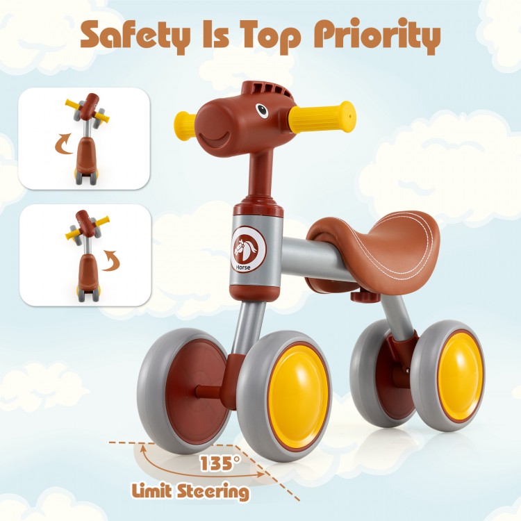 Brown baby balance bike with 135° limit steering, EVA foam wheels, and cute horse head design for safe indoor and.