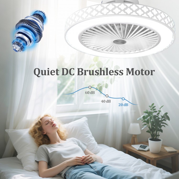 19-inch white ceiling fan with light, featuring a quiet DC brushless motor and adjustable color temperature for rooms.